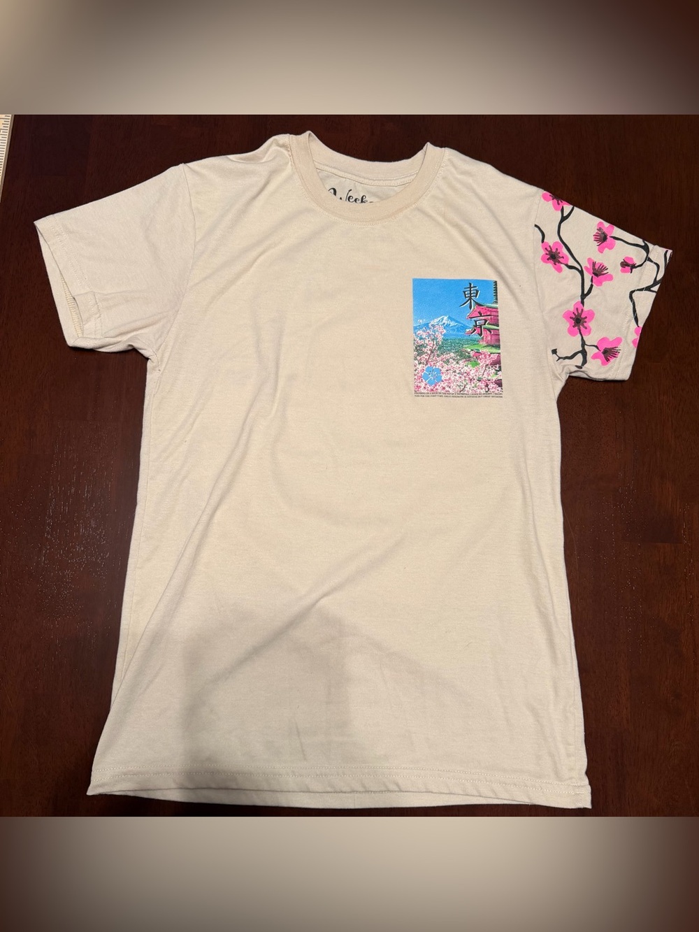 Beige Short-Sleeve Graphic Tee with Pink Blossom Sleeve